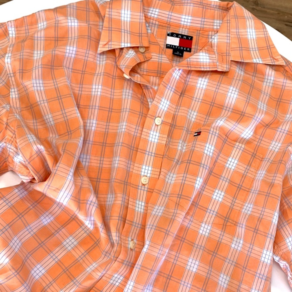 Vacation Tommy Hilfiger Peach Plaid 100% Cotton Short Sleeve Shirt
